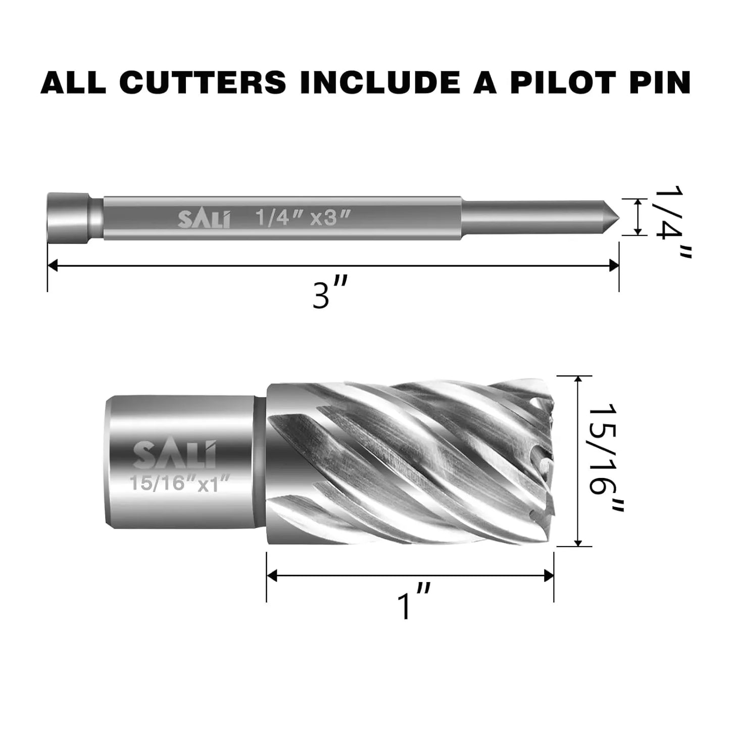 SALI 2 pcs Annular Cutter Diameter 15/16 Inch with Weldon Shank 3/4" (with 2 Flats) Cutting Depth 1" Mag Drill Bit for Magnetic Drill Press HSS Fully Ground Drill with One 1/4"*3" Pilot Pin
