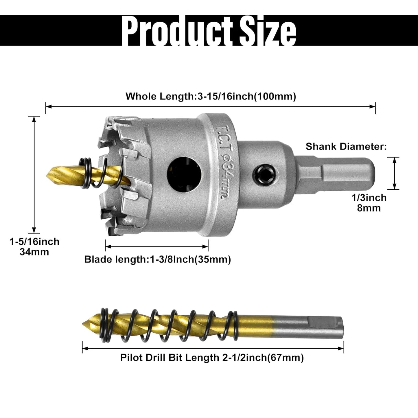SALI 1-5/16" (34mm) TCT Hole Saw Kit Tungsten Carbide Tipped Hole Saw Drill Bit with Titanium-Plated Pilot Drill bit for Metal, Stainless Steel, Iron, Wood, Plastic