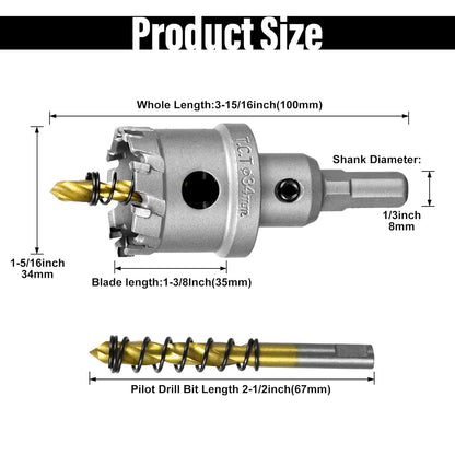 SALI 1-5/16" (34mm) TCT Hole Saw Kit Tungsten Carbide Tipped Hole Saw Drill Bit with Titanium-Plated Pilot Drill bit for Metal, Stainless Steel, Iron, Wood, Plastic
