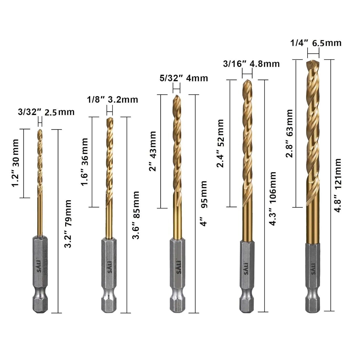 SALI Cobalt Drill Bit Set, 5 Pack 3/32 Inch to 1/4 Inch Hex Shank High Speed Steel Jobber Drill Bits, for Hardwood, Aluminum,Metal,Copper,Alloyed Steel