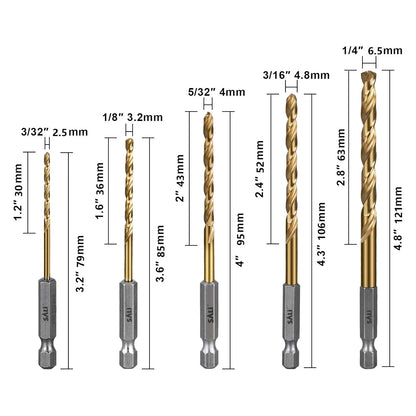 SALI Cobalt Drill Bit Set, 5 Pack 3/32 Inch to 1/4 Inch Hex Shank High Speed Steel Jobber Drill Bits, for Hardwood, Aluminum,Metal,Copper,Alloyed Steel