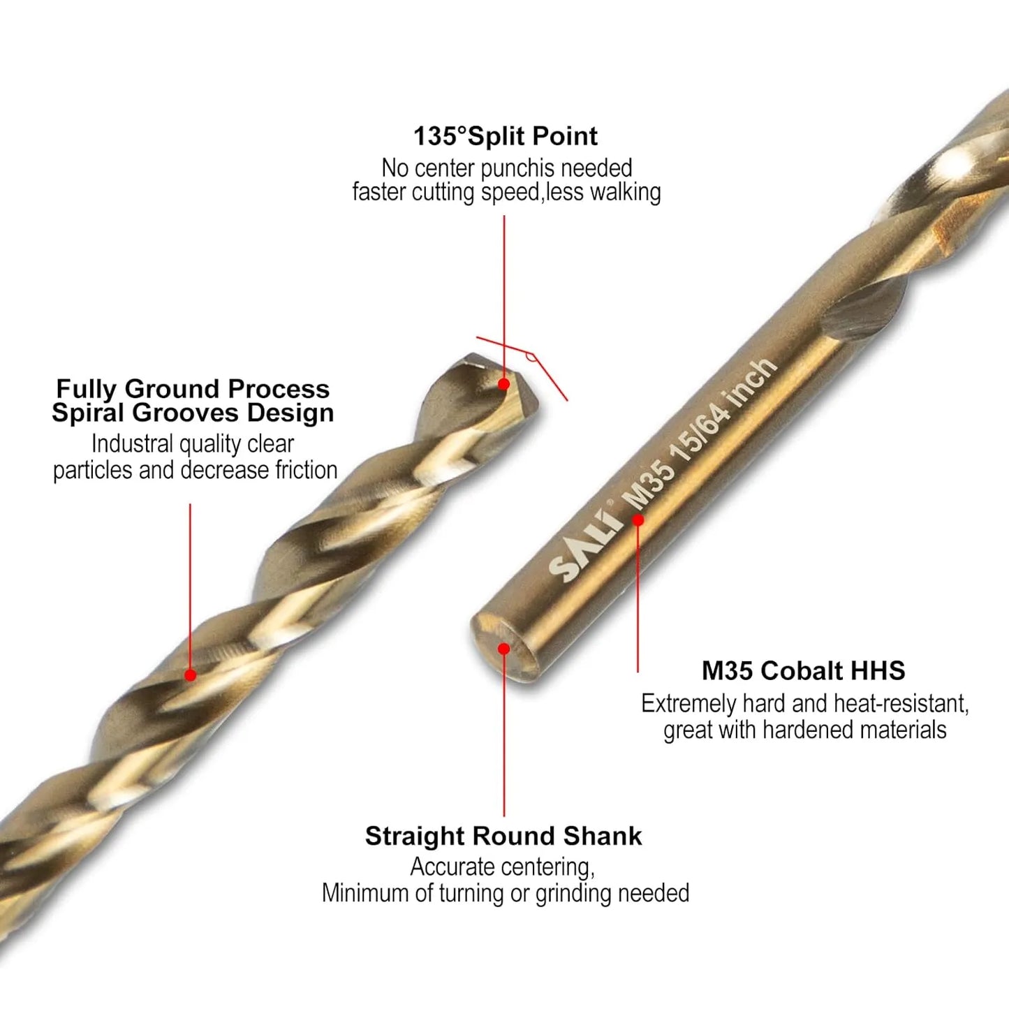 SALI Cobalt Drill Bit Set, 10Pcs 15/64" M35 High Speed Steel Jobber Length Drill Bit Kit for Hardened Metal, Stainless Steel, Cast Iron, Wood and Plastic, with Index Storage Case