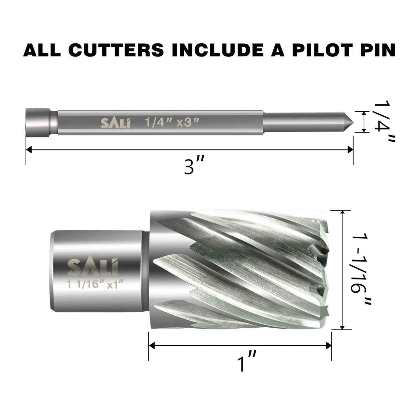 SALI Annular Cutter Diameter 1-1/16 Inch with Weldon Shank 3/4"(with 2 Flats) Cutting Depth 1" Mag Drill Bit for Magnetic Drill Press HSS Fully Ground Drill with One 1/4"*3" Pilot Pin