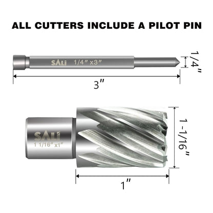SALI Annular Cutter Diameter 1-1/16 Inch with Weldon Shank 3/4"(with 2 Flats) Cutting Depth 1" Mag Drill Bit for Magnetic Drill Press HSS Fully Ground Drill with One 1/4"*3" Pilot Pin