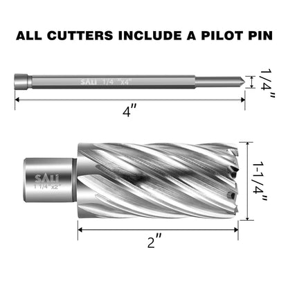 SALI 2 pcs Annular Cutter Diameter 1-1/4 Inch with Weldon Shank 3/4" (with 2 Flats) Cutting Depth 2" Mag Drill Bit for Magnetic Drill Press HSS Fully Ground Drill with One 1/4"*4" Pilot Pin