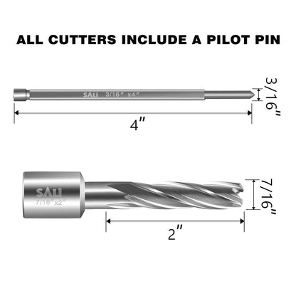 SALI Annular Cutter Diameter 7/16 Inch with Weldon Shank 3/4" (with 2 Flats) Cutting Depth 2" Mag Drill Bit for Magnetic Drill Press HSS Fully Ground Drill with One 3/16"*4" Pilot Pin