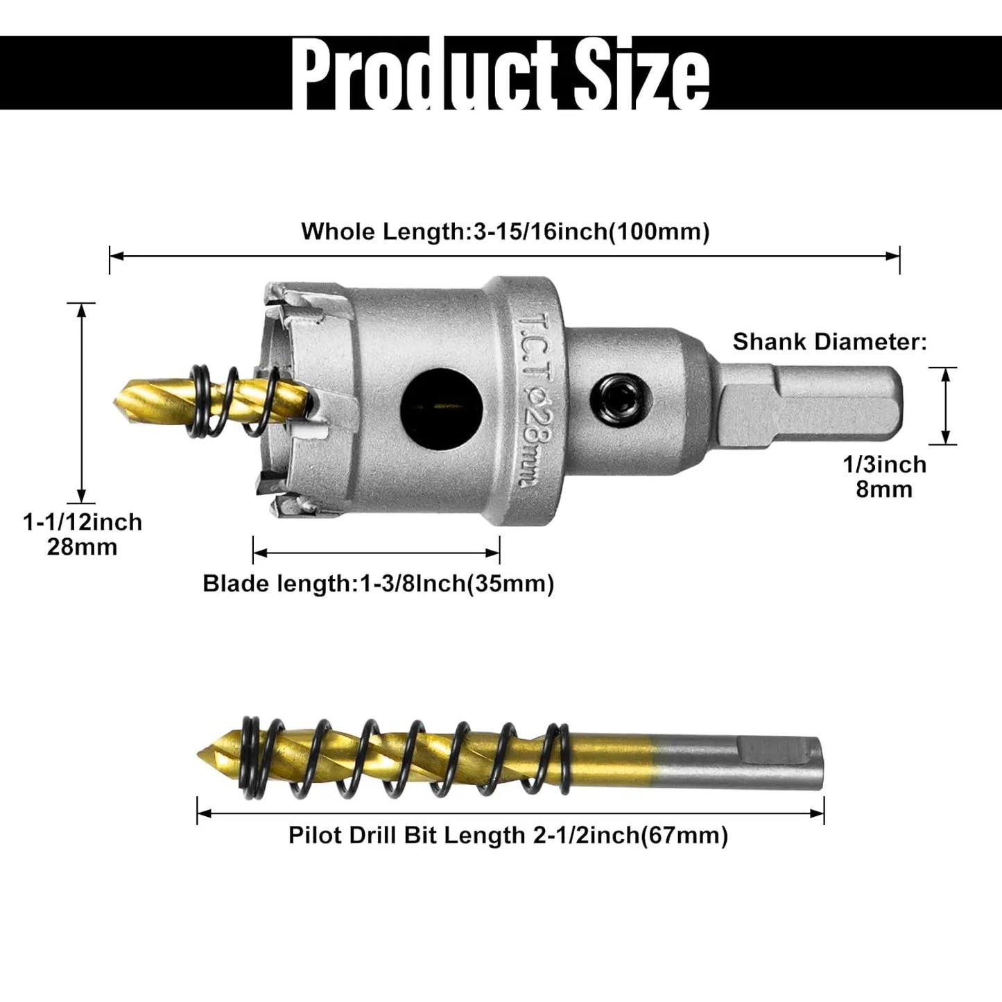 SALI 1-1/12" (28mm) TCT Hole Saw Kit Tungsten Carbide Tipped Hole Saw Drill Bit with Titanium-Plated Pilot Drill bit for Metal, Stainless Steel, Iron, Wood, Plastic