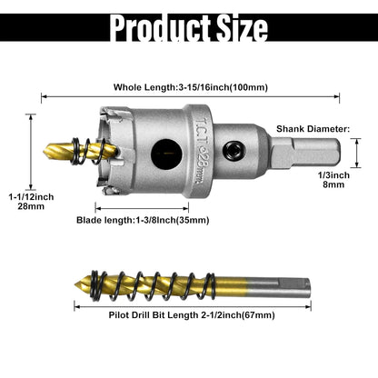 SALI 1-1/12" (28mm) TCT Hole Saw Kit Tungsten Carbide Tipped Hole Saw Drill Bit with Titanium-Plated Pilot Drill bit for Metal, Stainless Steel, Iron, Wood, Plastic