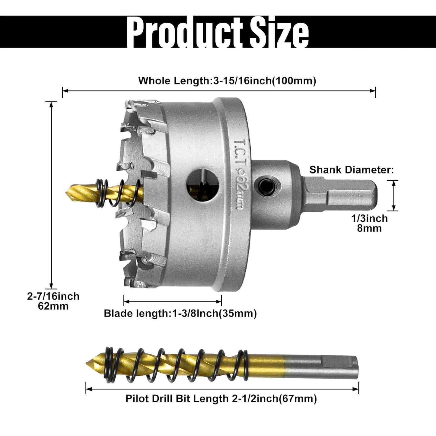 SALI 2-7/16" (62mm) TCT Hole Saw Kit Tungsten Carbide Tipped Hole Saw Drill Bit with Titanium-Plated Pilot Drill bit for Metal, Stainless Steel, Iron, Wood, Plastic