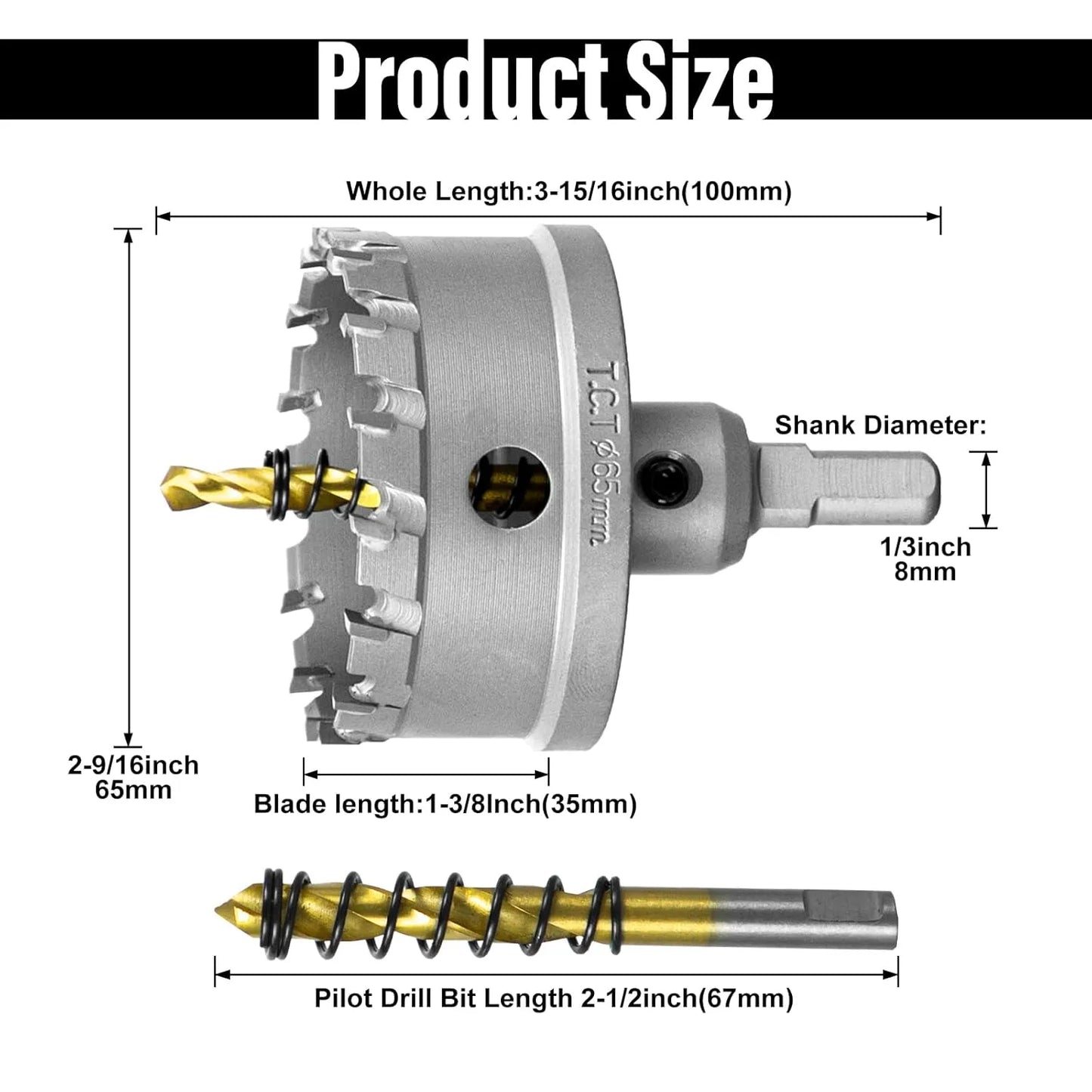 SALI 2-9/16"(65mm) TCT Hole Saw Kit Tungsten Carbide Tipped Hole Saw Drill Bit with Titanium-Plated Pilot Drill bit for Metal, Stainless Steel, Iron, Wood, Plastic