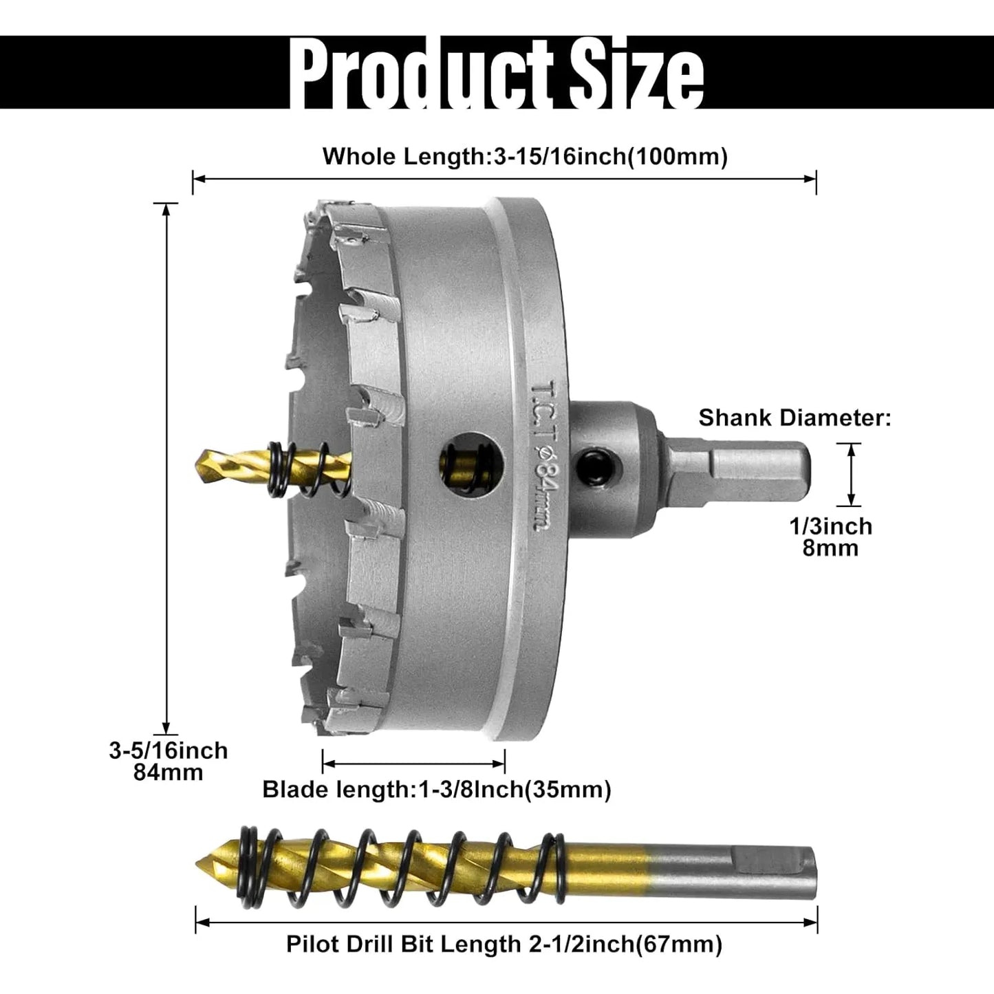SALI 3-5/16"(84mm) TCT Hole Saw Kit Tungsten Carbide Tipped Hole Saw Drill Bit with Titanium-Plated Pilot Drill bit for Metal, Stainless Steel, Iron, Wood, Plastic