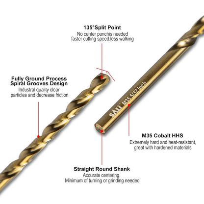 SALI Cobalt Drill Bit Set, 10Pcs 5/32" M35 High Speed Steel Jobber Length Drill Bit Kit for Hardened Metal, Stainless Steel, Cast Iron, Wood and Plastic, with Index Storage Case