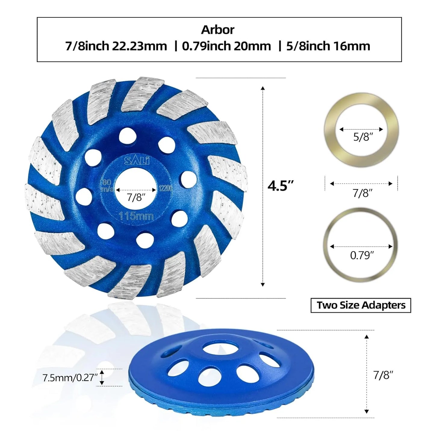 SALI 5pcs Diamond Concrete Grinding Wheel 4 1/2 inch for Polishing and Cleaning Stone Surface, Cement, Marble, Rock, Granite, and Thinset Removing, Angle Grinder Segment Wheels Cup 115 * 22.2MM