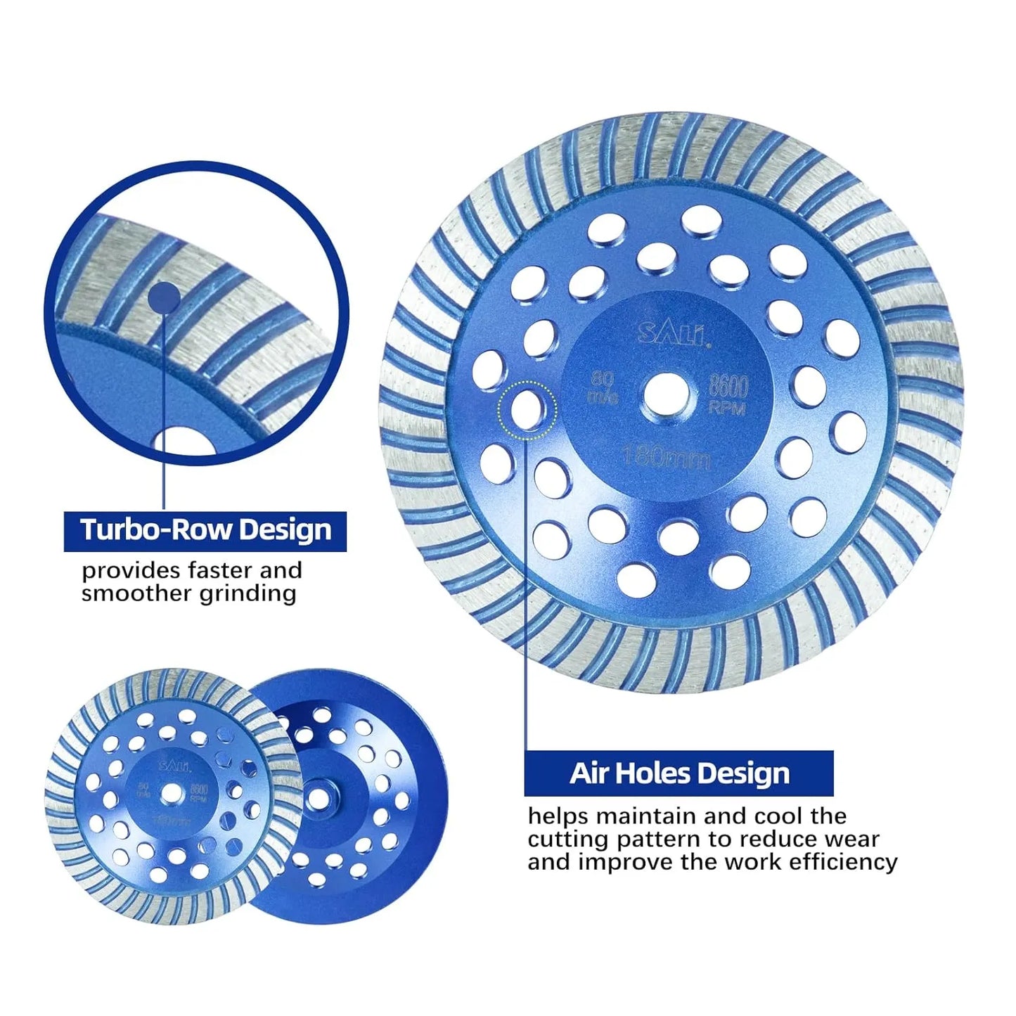 SALI 7 Inch 2pcs Concrete Grinding Wheels 43 Turbo Diamond Segments 5/8-11 Arbor Diamond Grinding Wheel Fit for Paint, Epoxy, Mastic, Coating Removal