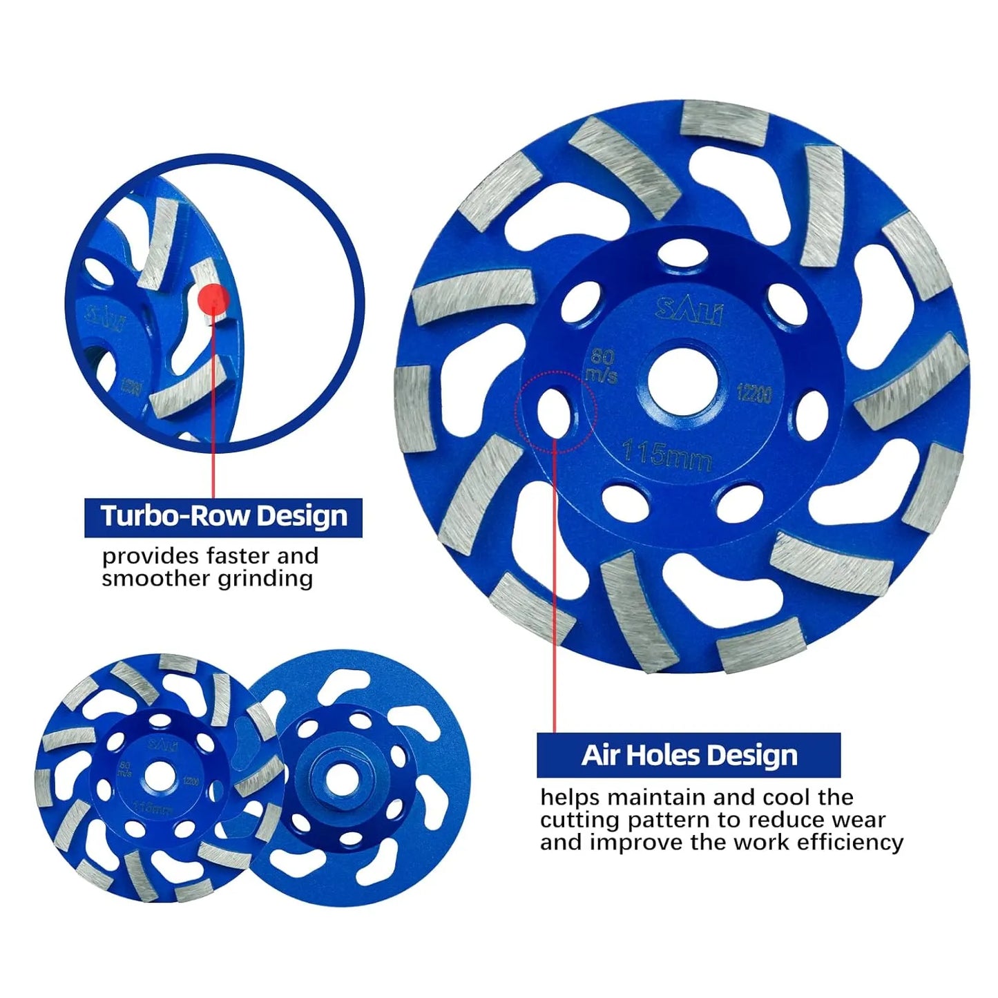 SALI 3pcs 4.5 Inch Concrete Grinding Wheels 14 Turbo Diamond Segments 5/8-11 Arbor Diamond Grinding Wheel Fit for Paint, Mastic, Epoxy Coating Removal