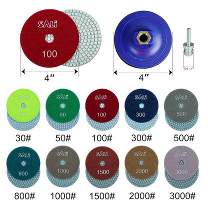 Sali 12 Pack Diamond Polishing Pads 4 Inch Wet Granite Stone Polish Pad Kit with 5/8’’-11 Backer Pad for Drill, Grinder, Polisher Polishing Pad for Concrete Marble Stone Countertop Quartz 30 Grit