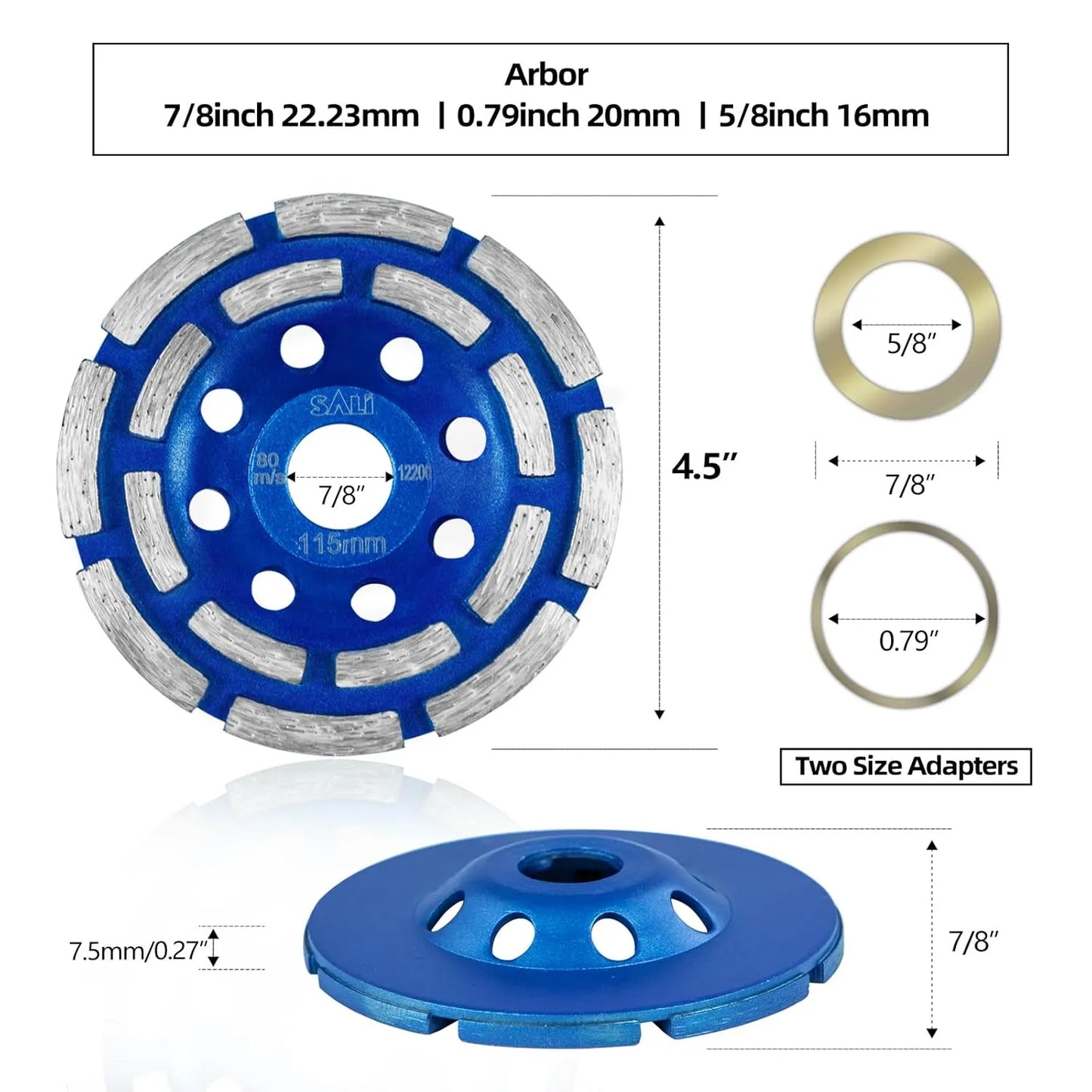 SALI 5pcs Diamond Concrete Grinding Wheel 4 1/2 inch for Polishing and Cleaning Stone Surface, Cement, Marble, Rock, Granite, and Thinset Removing, Angle Grinder Wheels Cup 115 * 22.2MM