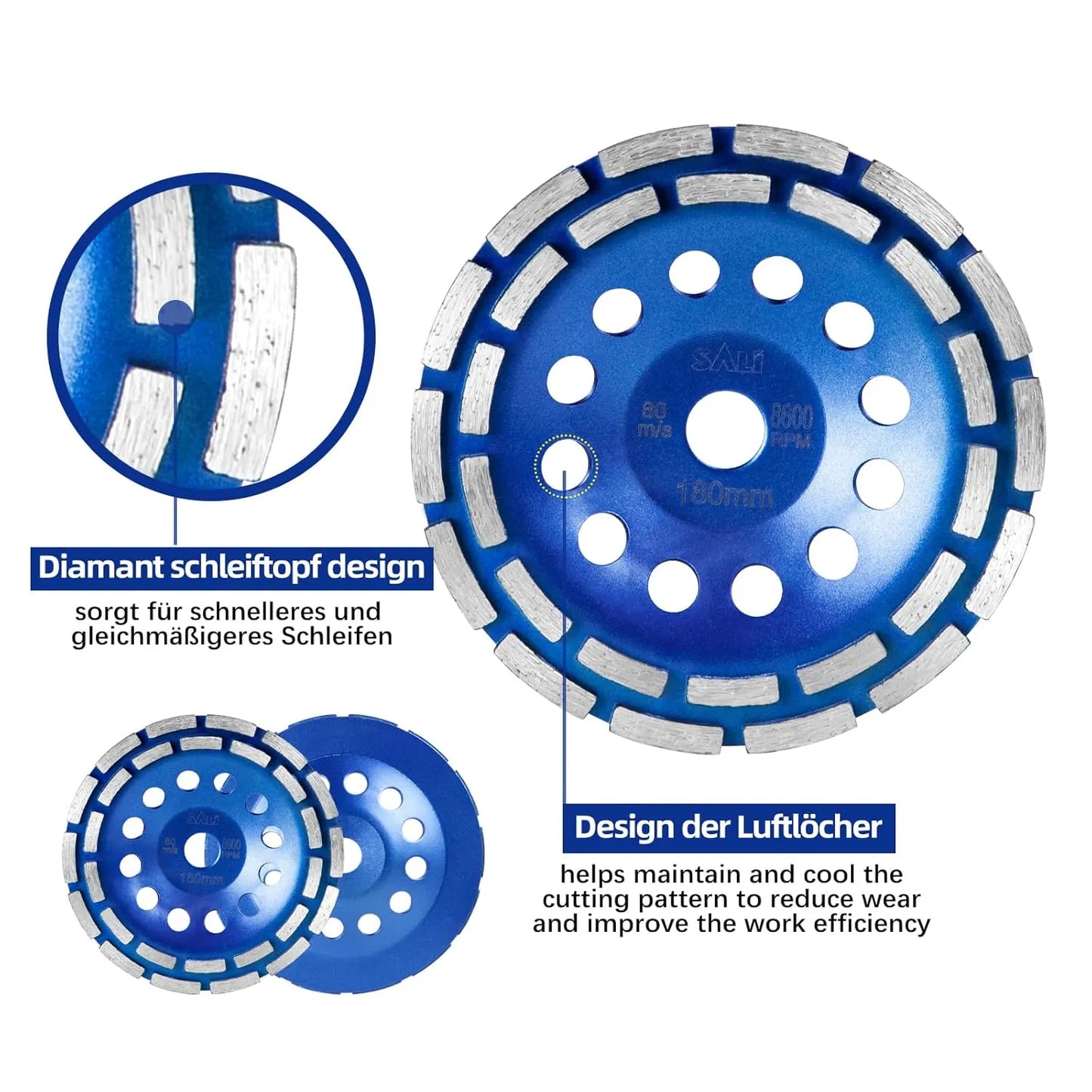 SALI Diamond Concrete Grinding Wheel 7 inch with 7/8" Arbor for Cleaning Stone Concrete Surface, Cement, Marble, Rock, Granite, and Thinset Angle Grinder Double Rows Wheels Cup 180 * 22.2 MM