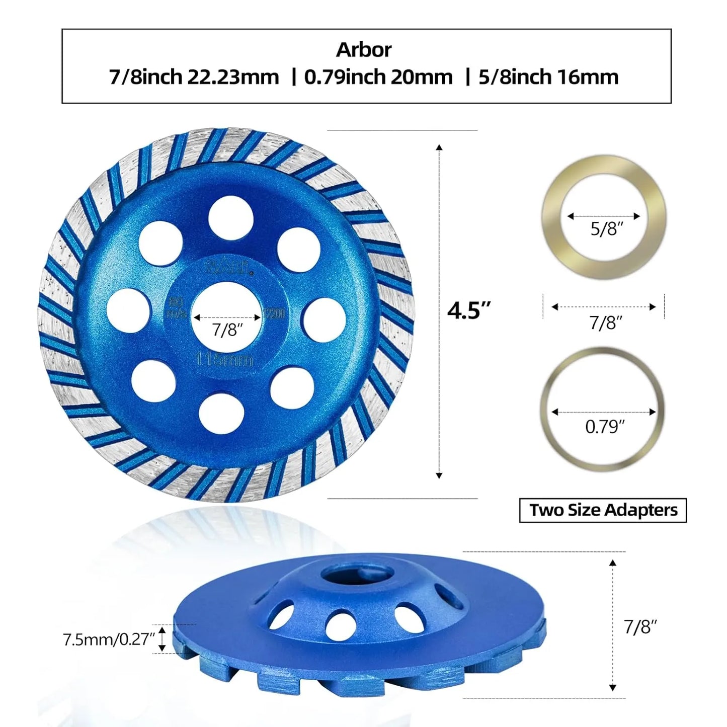 SALI Diamond Concrete Grinding Wheel 4 1/2 inch for Polishing and Cleaning Stone Concrete Surface, Cement, Marble, Rock, Granite, and Thinset Removing, Angle Grinder Turbo Wheels Cup 115*22.2*10 MM