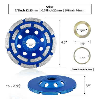 SALI 5pcs Diamond Concrete Grinding Wheel 4 1/2 inch for Polishing and Cleaning Stone Surface, Cement, Marble, Rock, Granite, and Thinset Removing, Angle Grinder Double Rows Wheels Cup 115 * 22.2MM