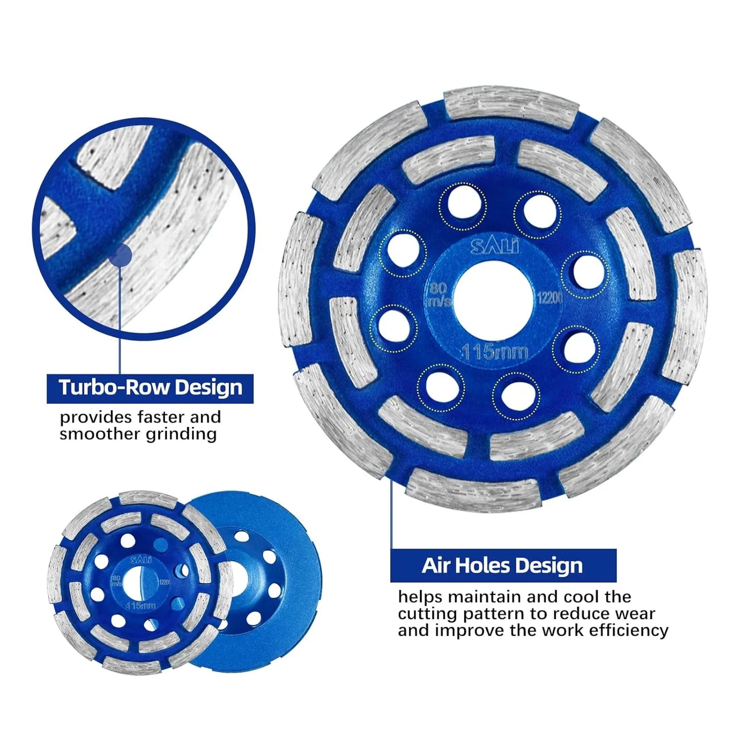 SALI 5pcs Diamond Concrete Grinding Wheel 4 1/2 inch for Polishing and Cleaning Stone Surface, Cement, Marble, Rock, Granite, and Thinset Removing, Angle Grinder Double Rows Wheels Cup 115 * 22.2MM