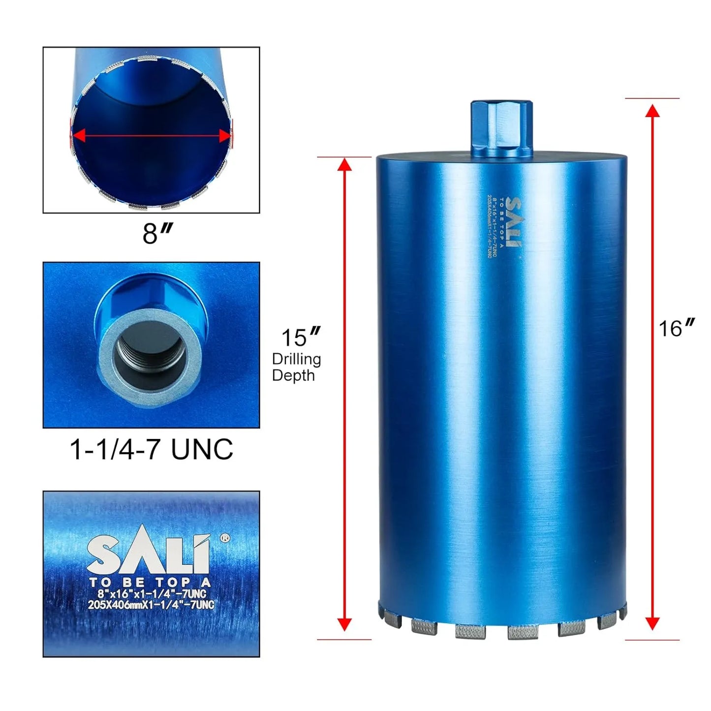 SALI Wet Diamond Core Drill Bits 8"/205mm Diameter, 15"/380mm Drilling Depth Concrete Core Drill Bit, 1-1/4-7" Thread Core Bit Turbo Laser-Welded Segments with Rebar, Brick, Block, Masonry, Stone