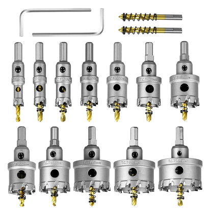 SALI 12pcs TCT Hole Saw Kit Tungsten Carbide Tipped Hole Saw Drill Bit with Titanium-Plated Pilot Drill bit for Metal, Stainless Steel, Iron, Wood, Plastic 9/16" - 2-1/8" 14mm+16mm+19mm+22mm