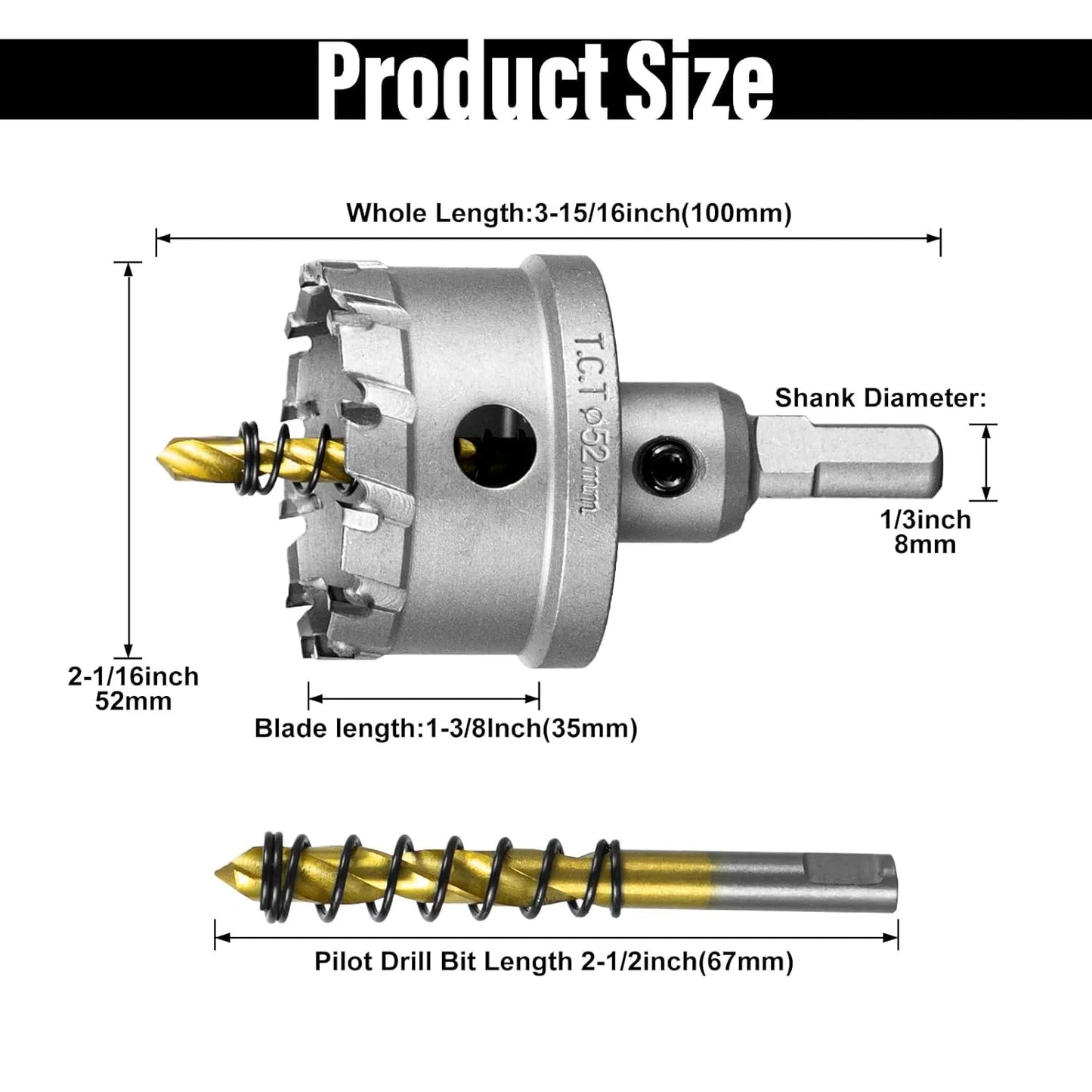 SALI 2-1/16" (52mm) TCT Hole Saw Kit Tungsten Carbide Tipped Hole Saw Drill Bit with Titanium-Plated Pilot Drill bit for Metal, Stainless Steel, Iron, Wood, Plastic