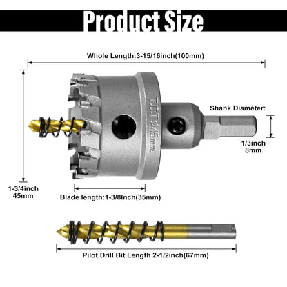 SALI 1-3/4" (45mm) TCT Hole Saw Kit Tungsten Carbide Tipped Hole Saw Drill Bit with Titanium-Plated Pilot Drill bit for Metal, Stainless Steel, Iron, Wood, Plastic