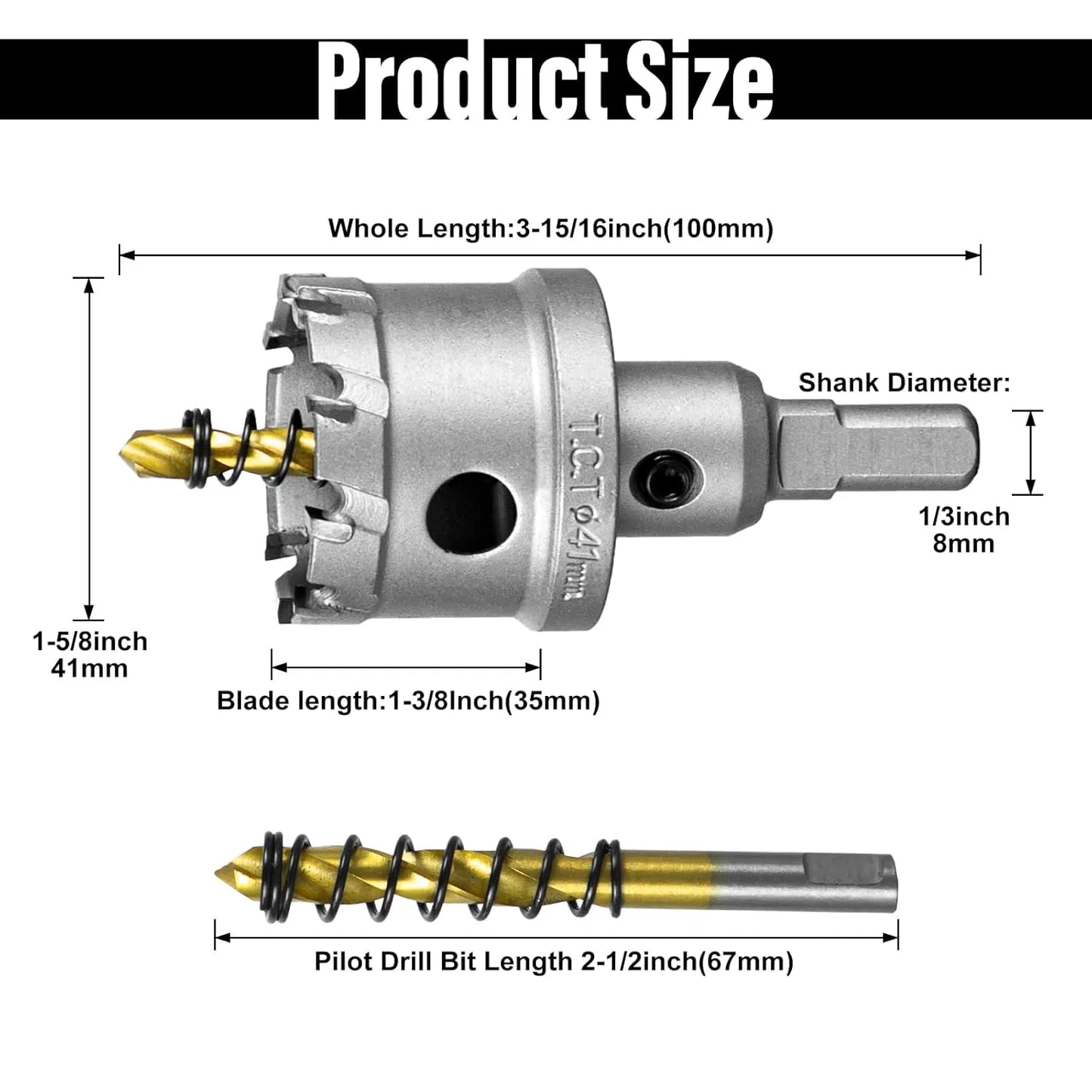 SALI 1-5/8" (41mm) TCT Hole Saw Kit Tungsten Carbide Tipped Hole Saw Drill Bit with Titanium-Plated Pilot Drill bit for Metal, Stainless Steel, Iron, Plastic