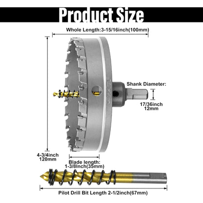 SALI 4-3/4"(120mm) TCT Hole Saw Kit Tungsten Carbide Tipped Hole Saw Drill Bit with Titanium-Plated Pilot Drill bit for Metal, Stainless Steel, Iron, Plastic