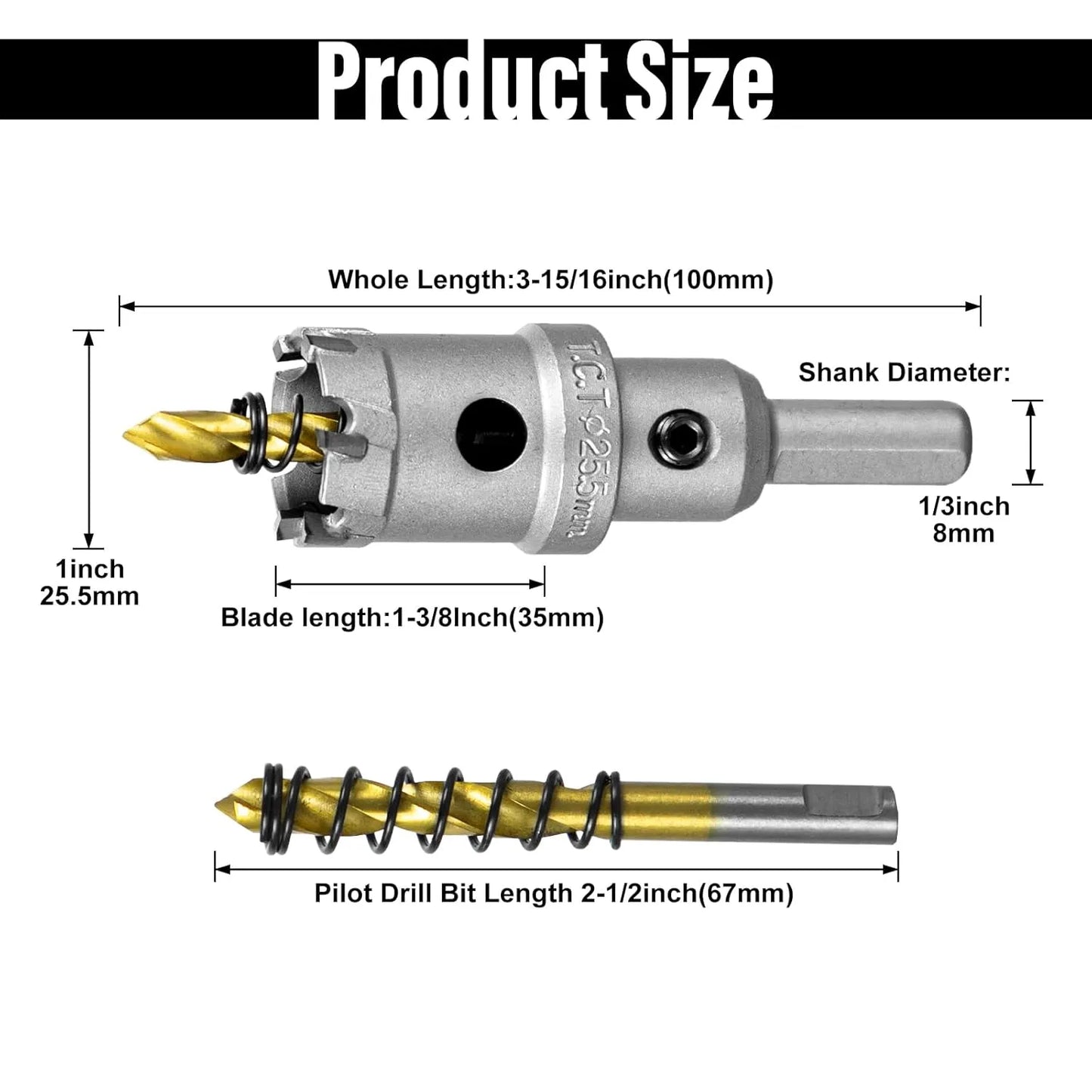 SALI 1" (25.5mm) TCT Hole Saw Kit Tungsten Carbide Tipped Hole Saw Drill Bit with Titanium-Plated Pilot Drill bit for Metal, Stainless Steel, Iron, Wood, Plastic