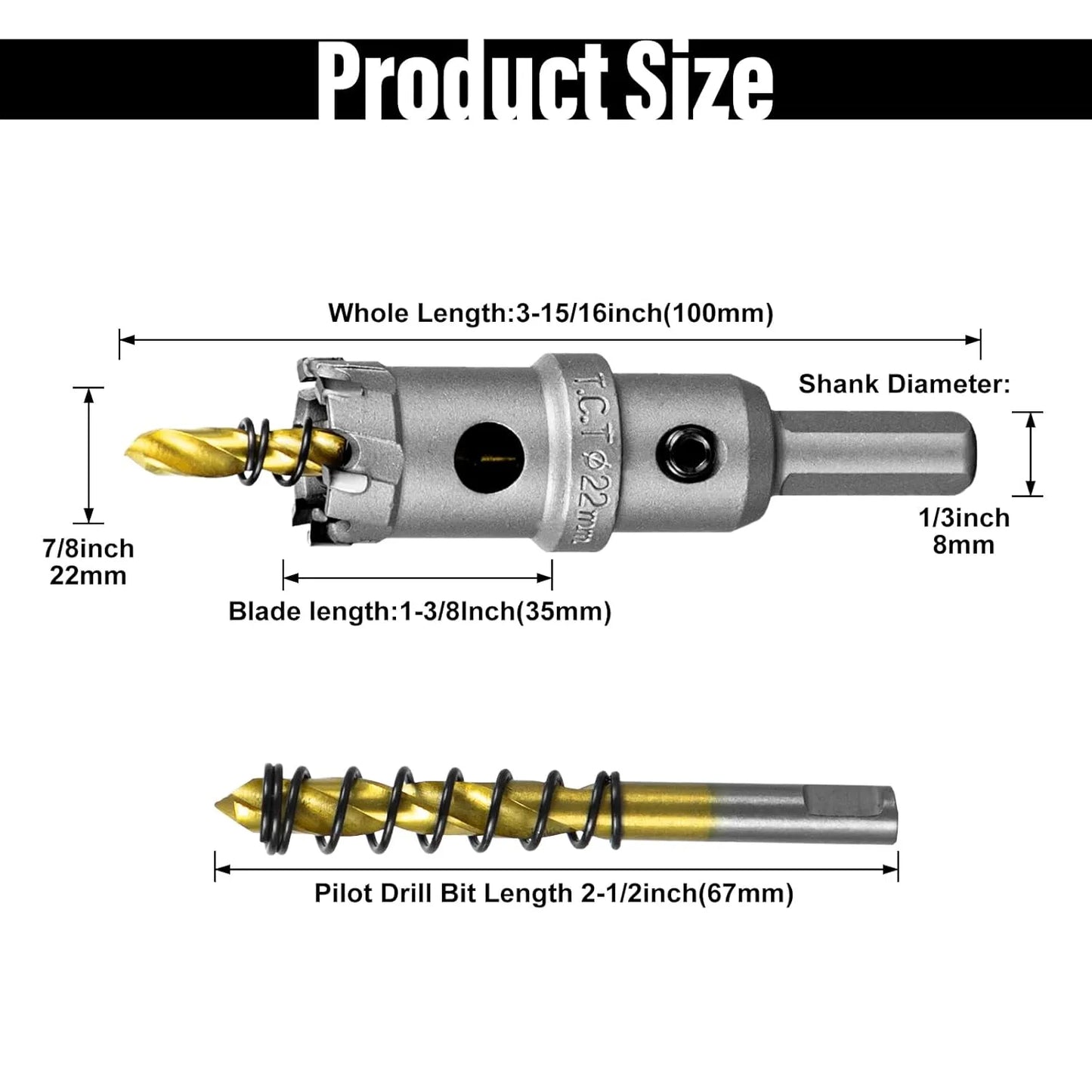 SALI 7/8" (22mm) TCT Hole Saw Kit Tungsten Carbide Tipped Hole Saw Drill Bit with Titanium-Plated Pilot Drill bit for Metal, Stainless Steel, Iron, Plastic