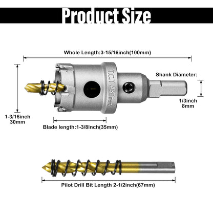 SALI 1-3/16" (30mm) TCT Hole Saw Kit Tungsten Carbide Tipped Hole Saw Drill Bit with Titanium-Plated Pilot Drill bit for Metal, Stainless Steel, Iron, Wood, Plastic