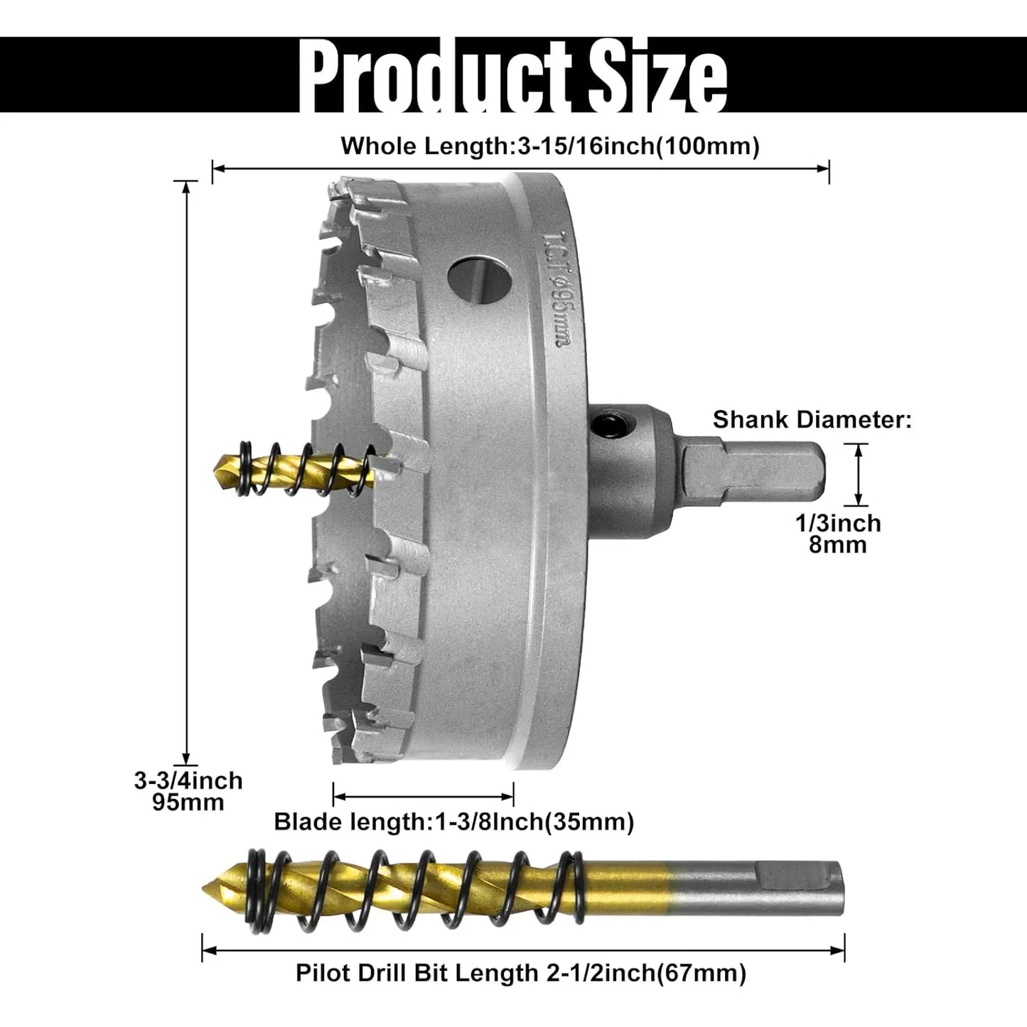 SALI 3-3/4"(95mm) TCT Hole Saw Kit Tungsten Carbide Tipped Hole Saw Drill Bit with Titanium-Plated Pilot Drill bit for Metal, Stainless Steel, Iron, Wood, Plastic