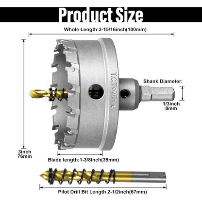 SALI 3"(76mm) TCT Hole Saw Kit Tungsten Carbide Tipped Hole Saw Drill Bit with Titanium-Plated Pilot Drill bit for Metal, Stainless Steel, Iron, Plastic