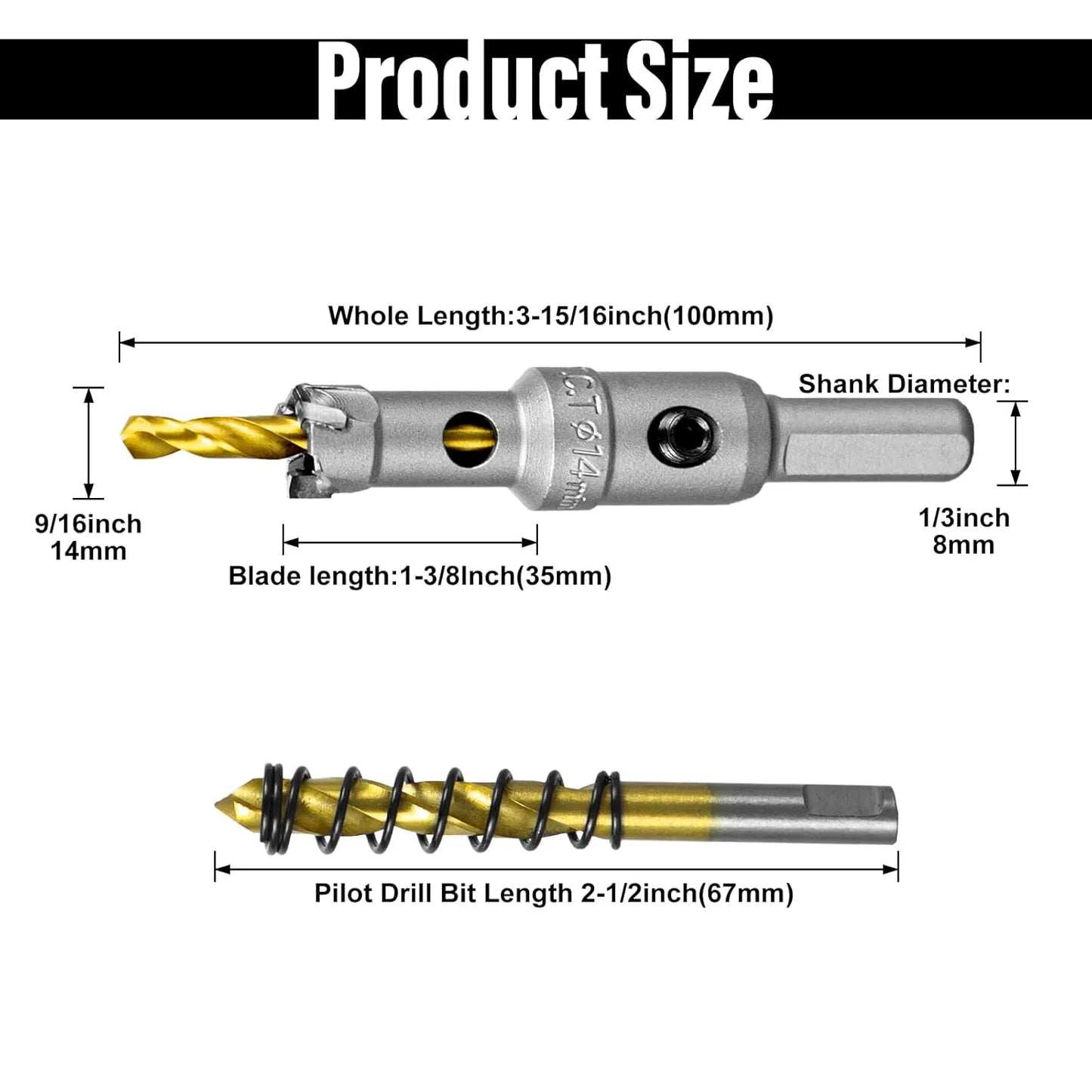 SALI 9/16" (14mm) TCT Hole Saw Kit Tungsten Carbide Tipped Hole Saw Drill Bit with Titanium-Plated Pilot Drill bit for Metal, Stainless Steel, Iron, Wood, Plastic