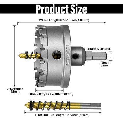 SALI 2-13/16"(72mm) TCT Hole Saw Kit Tungsten Carbide Tipped Hole Saw Drill Bit with Titanium-Plated Pilot Drill bit for Metal, Stainless Steel, Iron, Wood, Plastic