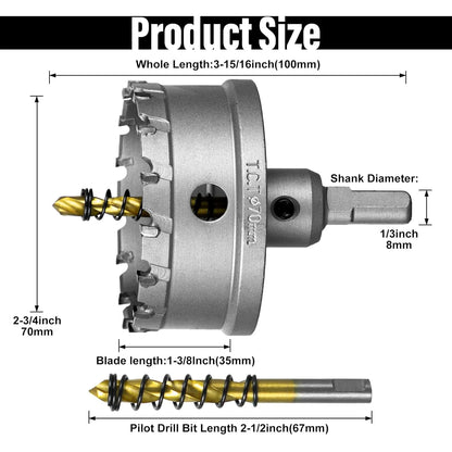 SALI 2-3/4"(70mm) TCT Hole Saw Kit Tungsten Carbide Tipped Hole Saw Drill Bit with Titanium-Plated Pilot Drill bit for Metal, Stainless Steel, Iron, Wood, Plastic