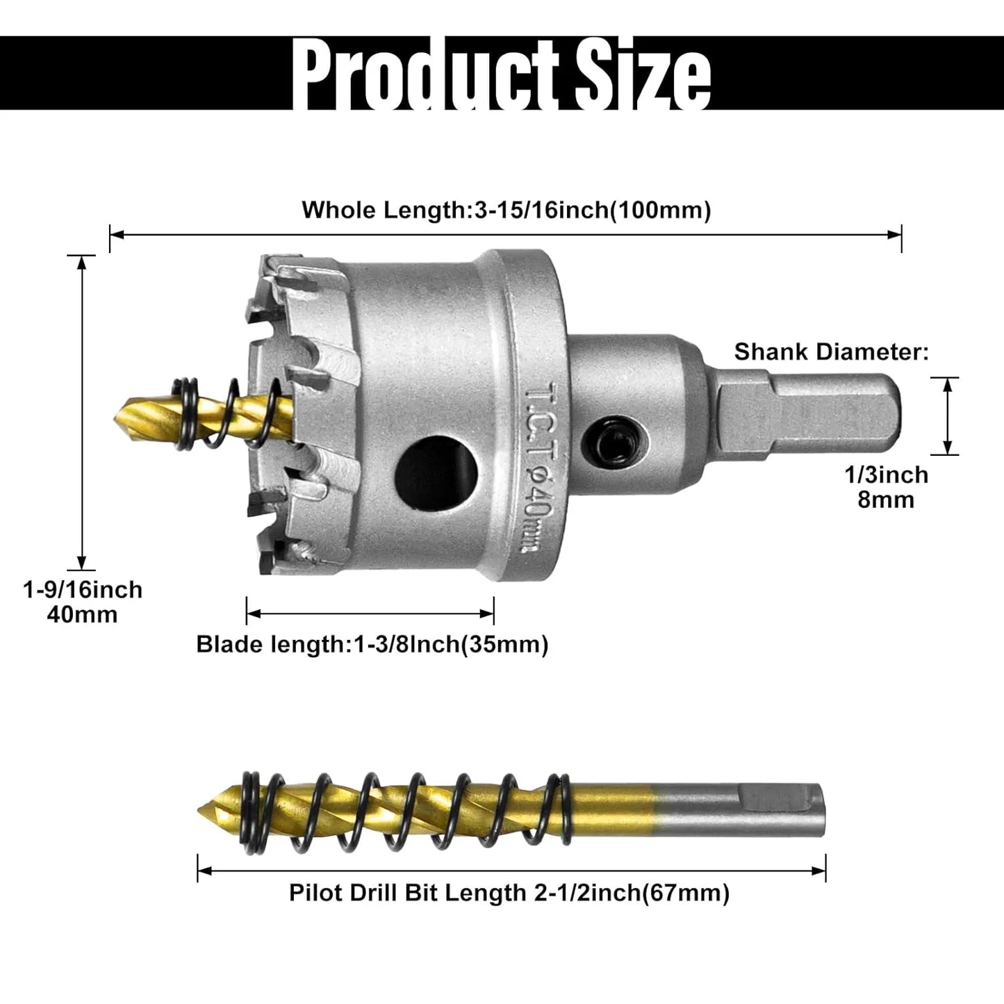 SALI 1-9/16" (40mm) TCT Hole Saw Kit Tungsten Carbide Tipped Hole Saw Drill Bit with Titanium-Plated Pilot Drill bit for Metal, Stainless Steel, Iron, Wood, Plastic