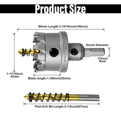 SALI 1-11/16" (43mm) TCT Hole Saw Kit Tungsten Carbide Tipped Hole Saw Drill Bit with Titanium-Plated Pilot Drill bit for Metal, Stainless Steel, Iron, Wood, Plastic