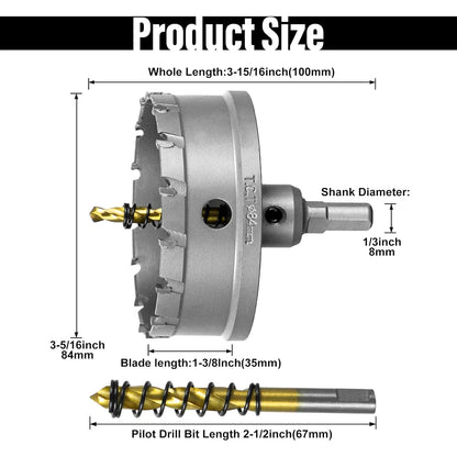 SALI 3-5/16"(84mm) TCT Hole Saw Kit Tungsten Carbide Tipped Hole Saw Drill Bit with Titanium-Plated Pilot Drill bit for Metal, Stainless Steel, Iron, Wood, Plastic