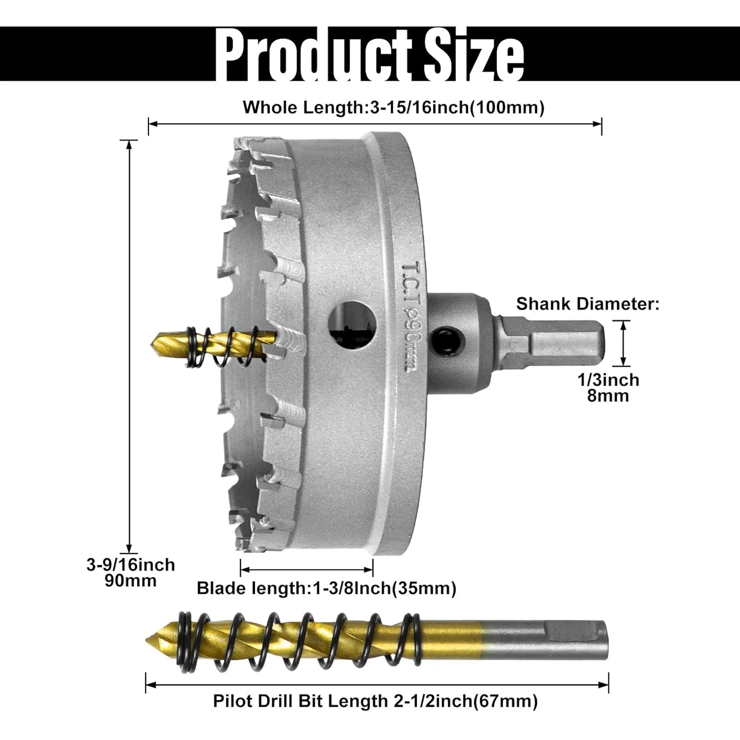 SALI 3-9/16"(90mm) TCT Hole Saw Kit Tungsten Carbide Tipped Hole Saw Drill Bit with Titanium-Plated Pilot Drill bit for Metal, Stainless Steel, Iron, Wood, Plastic