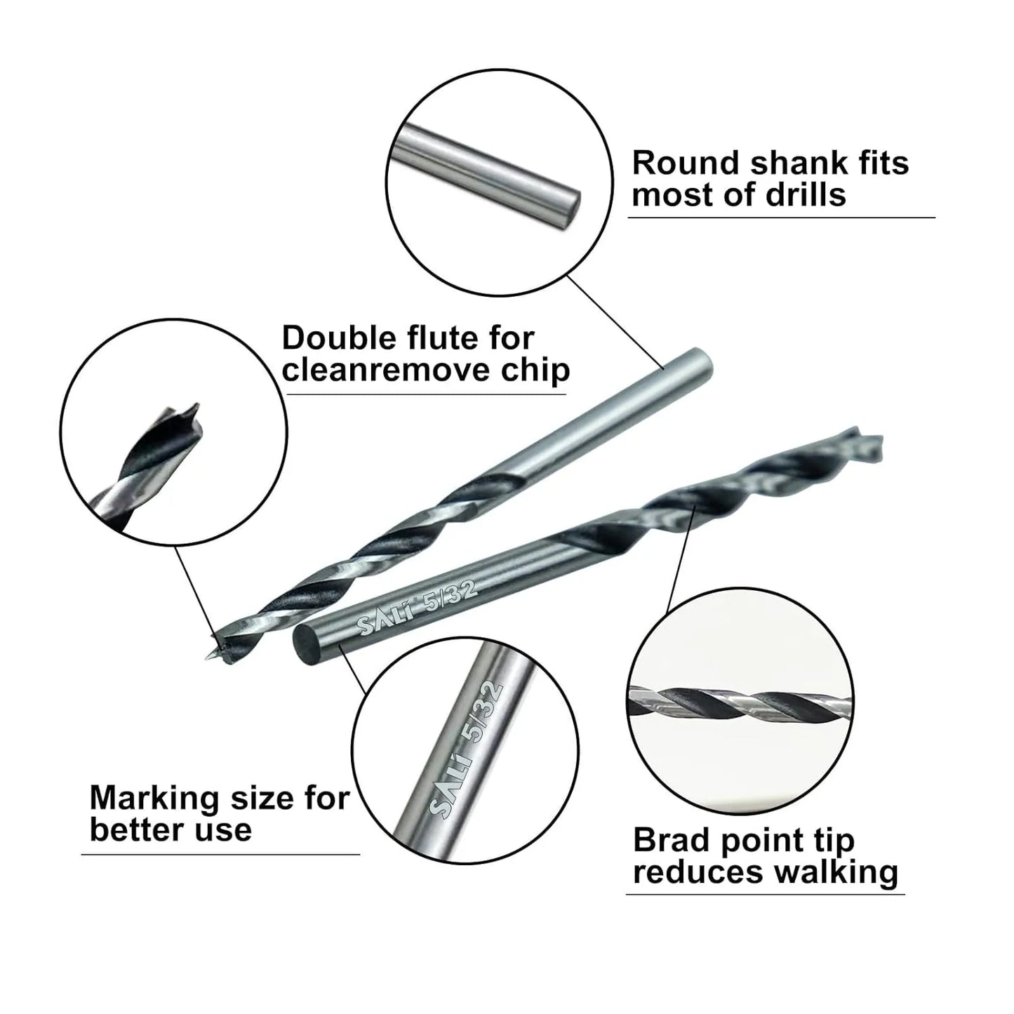 SALI 15pcs 7/32" Brad Point Wood Drill Bit Set for Hardwood, Plywood, Plastic; Carbon Steel, Titanium; 11" Long; Drill Bits