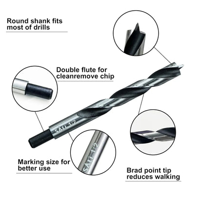 Sali 5pcs 7/16 inch Brad Point Wood Drill Bit Set Carbon Steel Wood Drill Bit Set for Hardwood, Plywood, Plastic Round Holes in All Types of Wood Extra Long 11 Inch