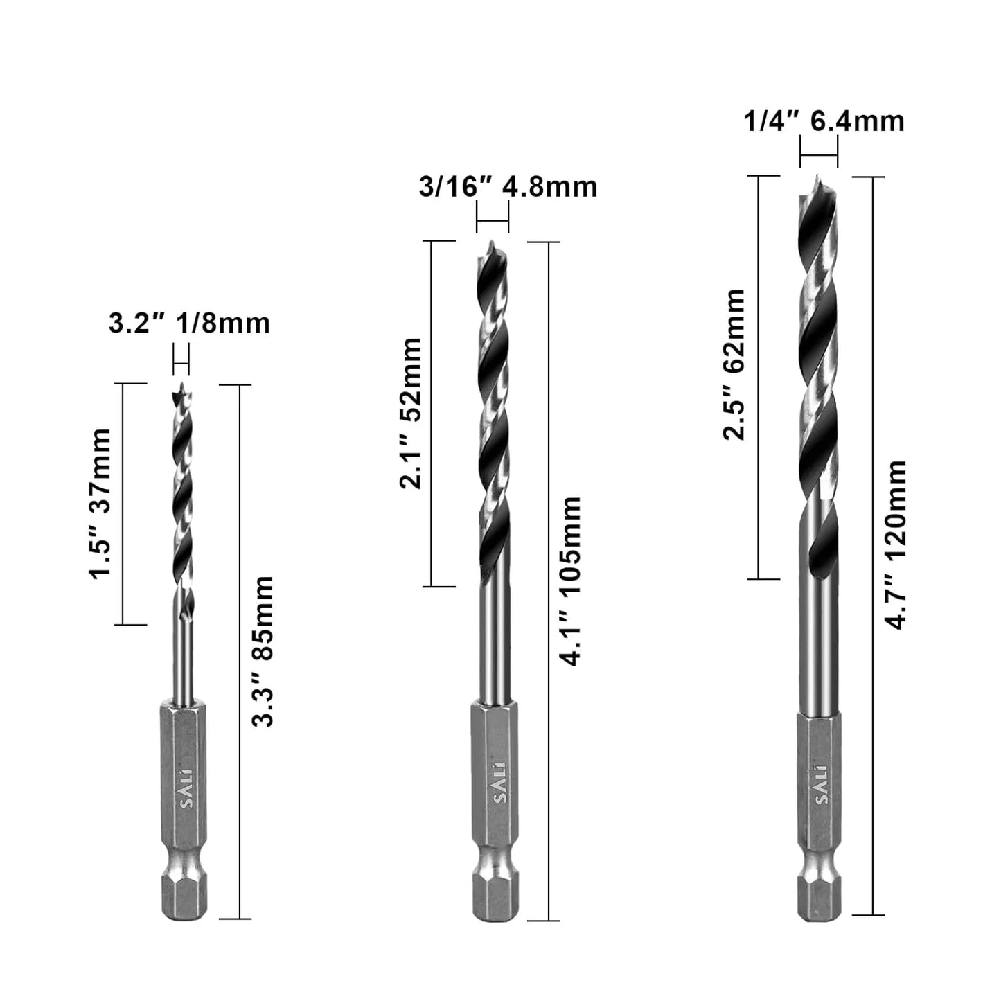 SALI Brad Point Drill Bits Set, 10 Pcs 1/8" to 1/4" Carbon Steel Wood Drill Bit Set with 1/4" Hex Shank for Hardwood, Plywood, Plastic Round Holes in All Types of Wood