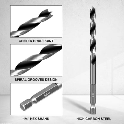 SALI Brad Point Drill Bits Set, 10 Pcs 1/8" to 1/4" Carbon Steel Wood Drill Bit Set with 1/4" Hex Shank for Hardwood, Plywood, Plastic Round Holes in All Types of Wood