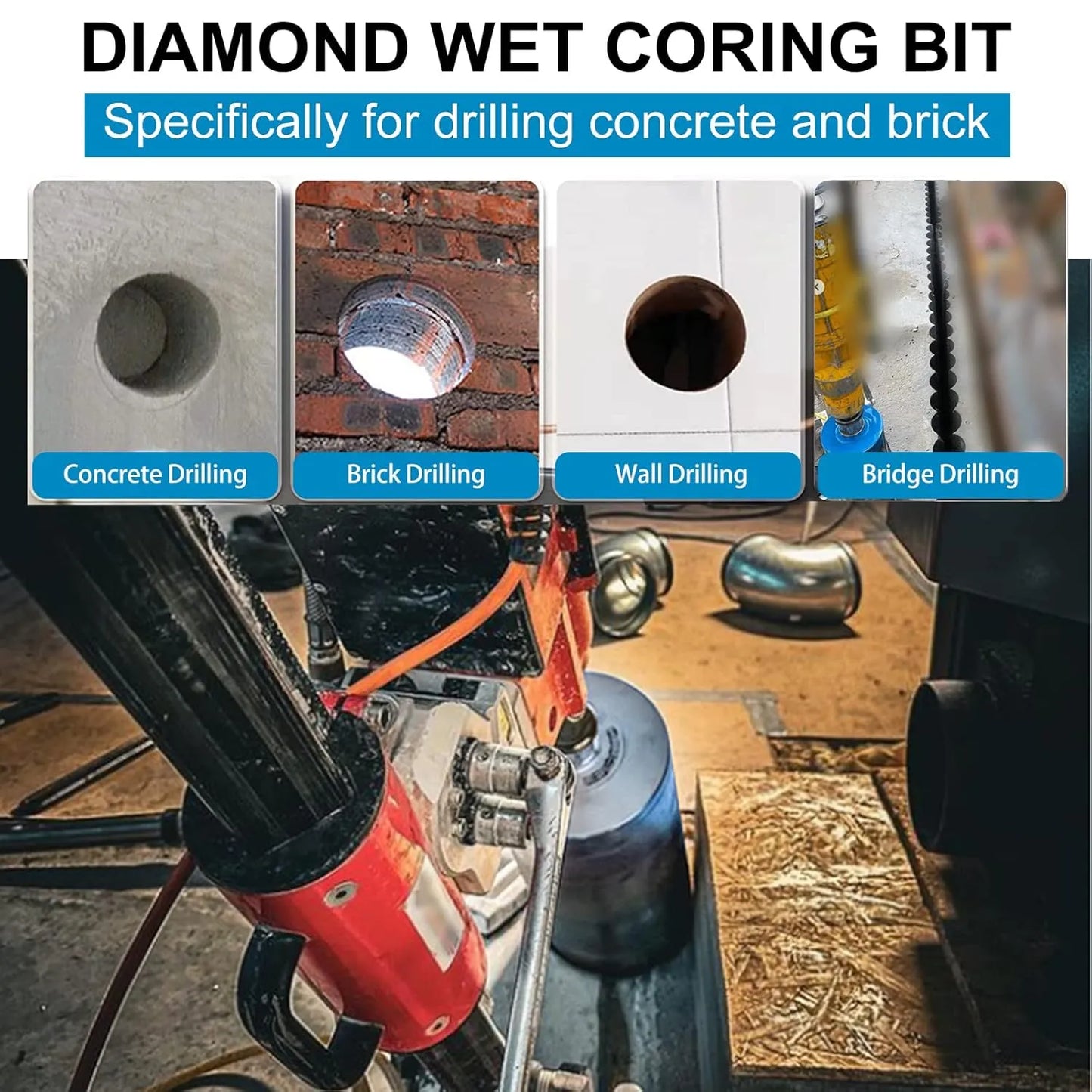 SALI Wet Diamond Core Drill Bits 10"/256mm Diameter, 15"/380mm Drilling Depth Concrete Core Drill Bit, 1-1/4-7" Thread Core Bit Turbo Laser-Welded Segments with Rebar, Brick, Block, Masonry, Stone