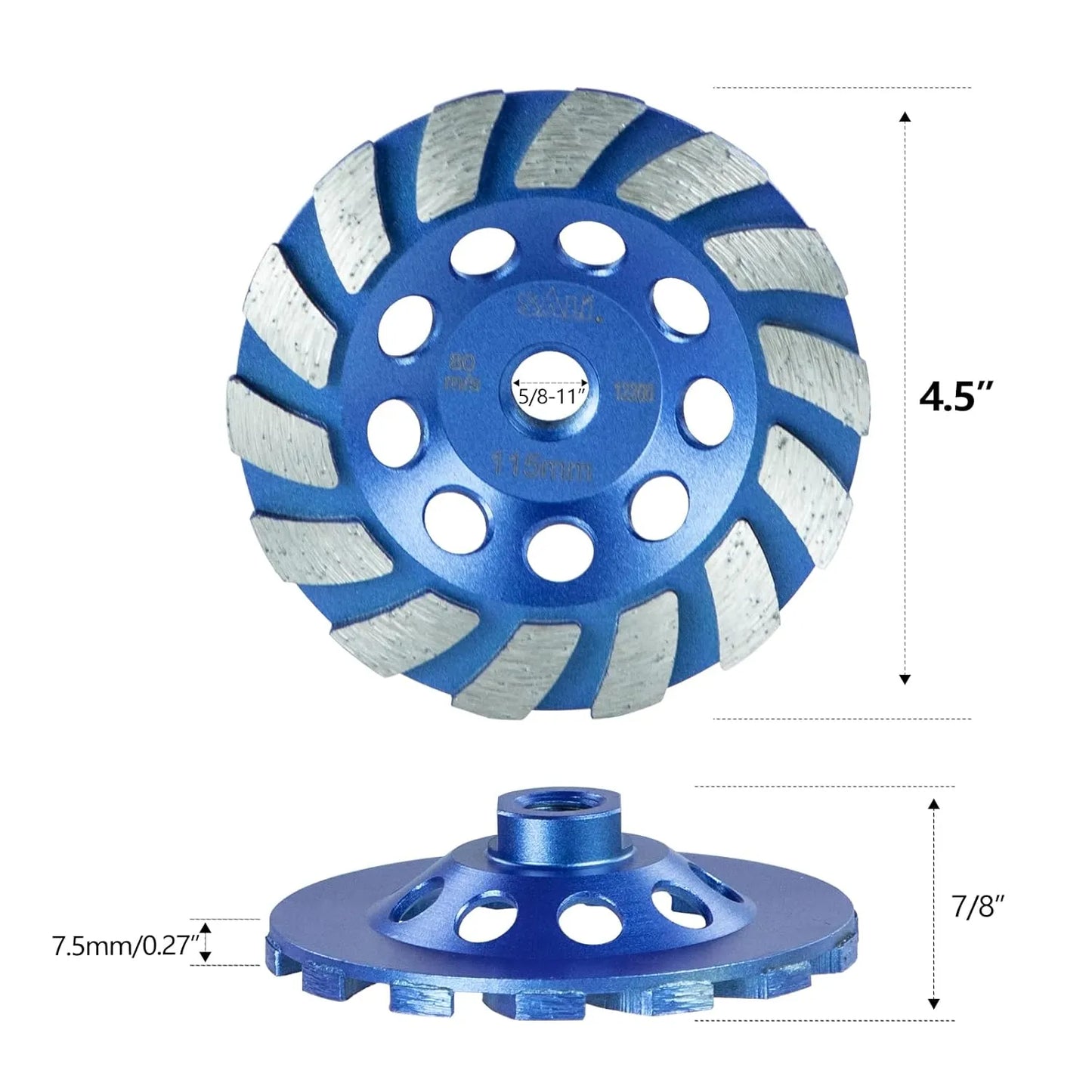 SALI 4.5 Inch 3pcs Concrete Grinding Wheels 14 Turbo Diamond Segments 5/8-11 Arbor Diamond Grinding Wheel Fit for Paint, Epoxy, Mastic, Coating Removal