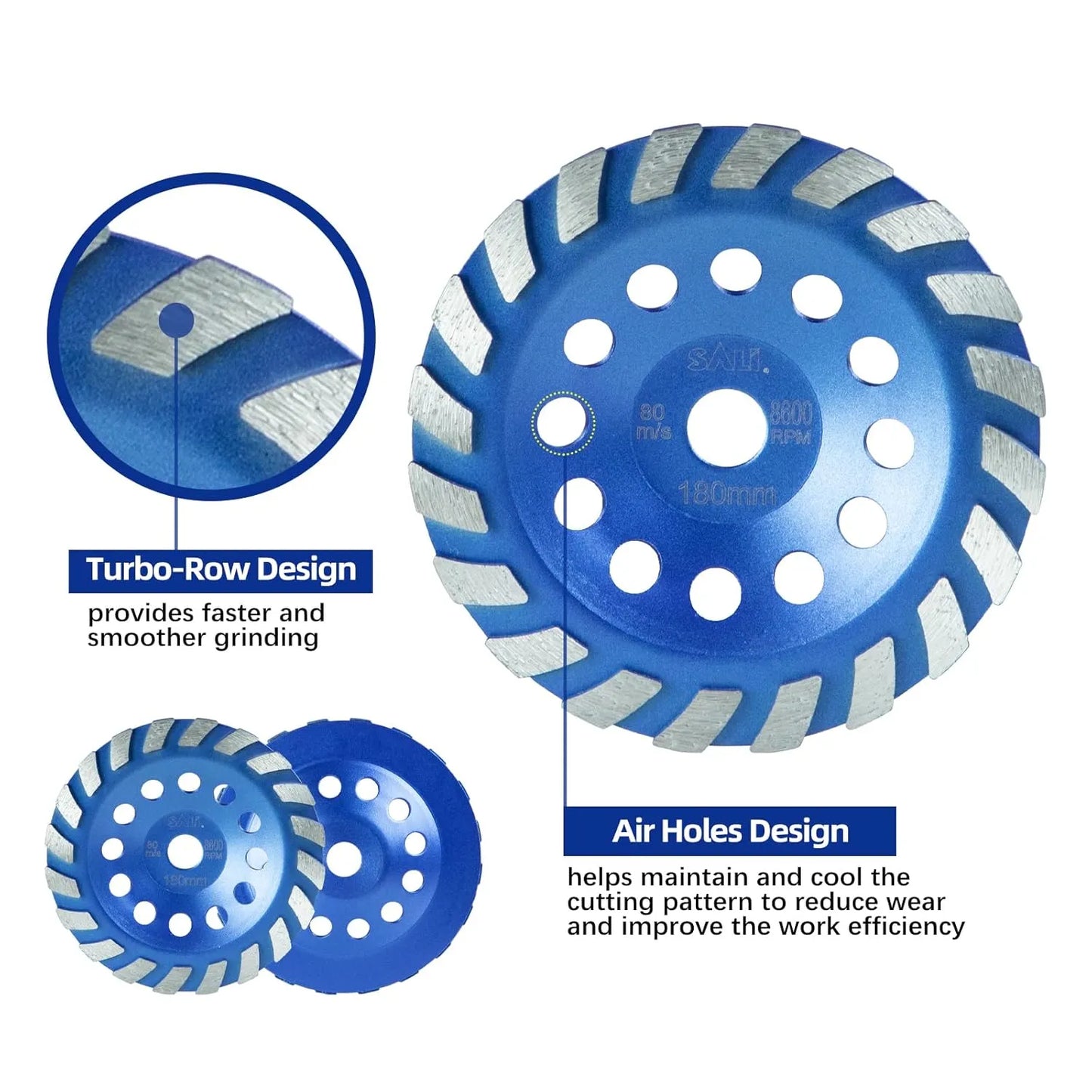 SALI Diamond Concrete Grinding Wheel 7 inch for Polishing and Cleaning Stone Concrete Surface, Cement, Marble, Rock, Granite, and Thinset Removing, Angle Grinder Segment Wheels Cup 180 * 22.2 MM